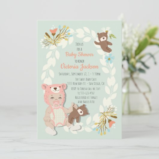 Woodland Beer pet baby meisje douche uitnodigingen (Staand voorkant)