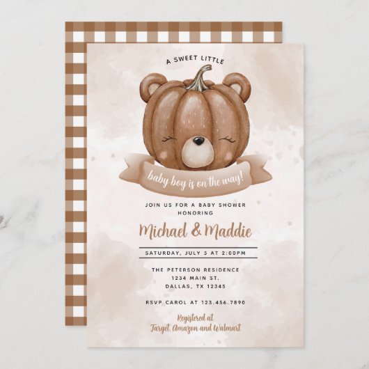 Woodland Beer Pumpkin Baby shower Invitation Kaart (Voorkant / Achterkant)