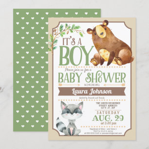 Woodland Beer & Raccoon Boy Baby shower Kaart