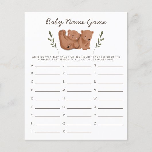 Woodland Beren Twins Baby Name Shower Game (Voorkant)