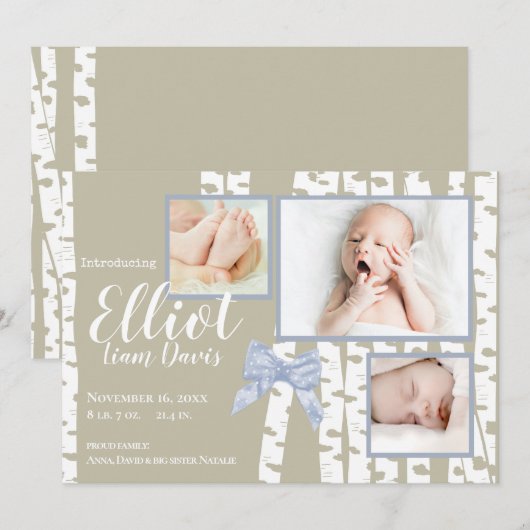 Woodland Birch en Bow Baby Geboorte met Foto's Aankondiging (Voorkant / Achterkant)