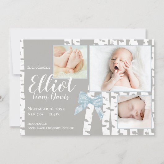 Woodland Birch en Bow Baby Geboorte met Foto's Aankondiging (Voorkant)