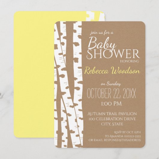 Woodland Birch Tree Rustic Baby shower Kaart (Voorkant / Achterkant)
