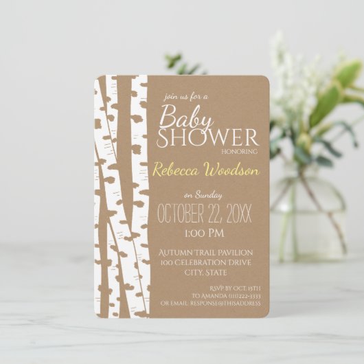 Woodland Birch Tree Rustic Baby shower Kaart (Staand voorkant)