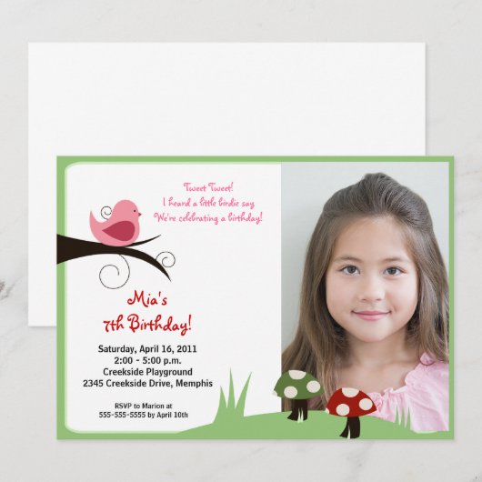 Woodland Bird Forest Foto Birthday Invite Kaart (Voorkant / Achterkant)