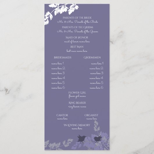 Woodland Birds en Foliage Paarse Programmakaart (Achterkant)