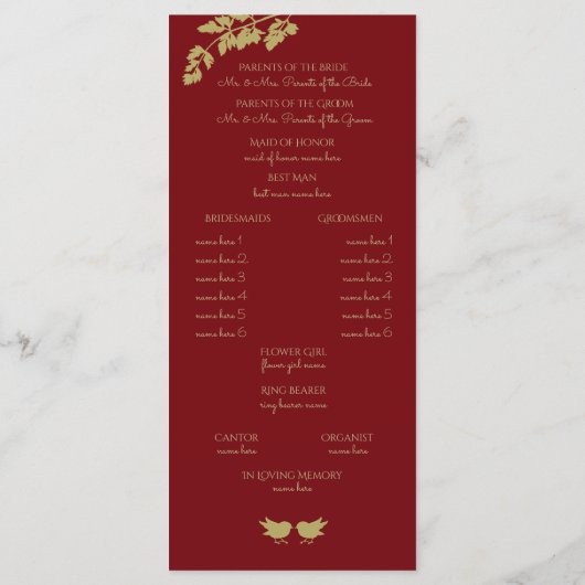 Woodland Birds en Gold Foliage Red Programmakaart (Achterkant)