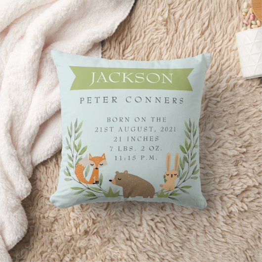Woodland Birth Stats Personalized Nursery Pillow Kussen (Deken)