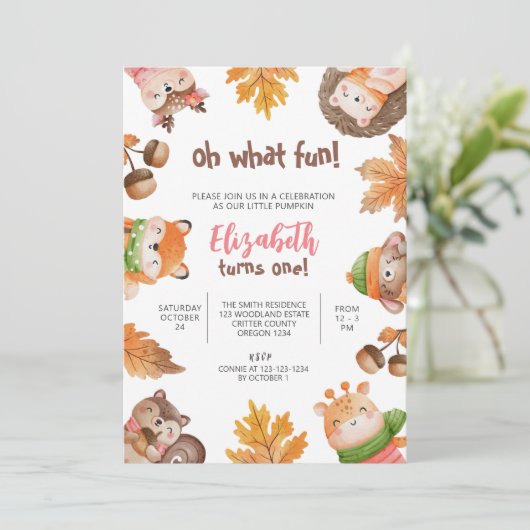 Woodland Birthday, First Birthday, 1st Girl Kaart (Staand voorkant)