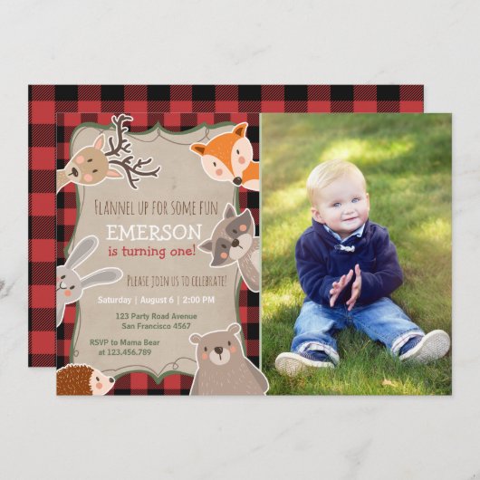 Woodland Birthday Invitation Lumberjack Fox Beer Kaart (Voorkant / Achterkant)