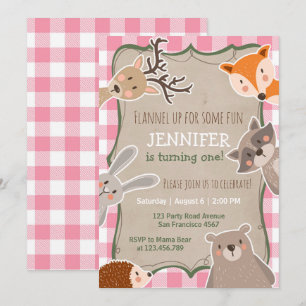 Woodland Birthday Invitation Lumberjack Girl Pink Kaart