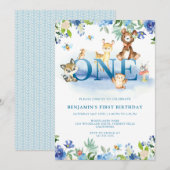 Woodland Blue 1st Birthday Kaart (Voorkant / Achterkant)