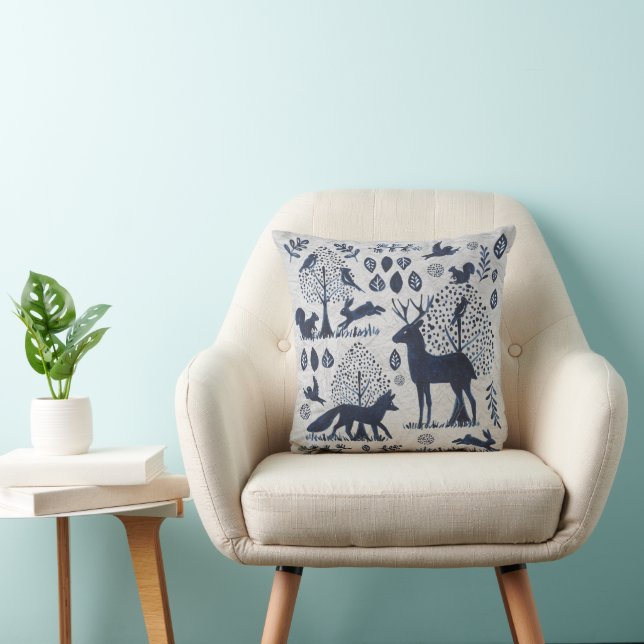 Woodland Blue and White Animal Fox Vogelsilhouet Kussen (Stoel)