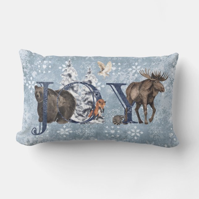 Woodland Blue Beer Moose JOY Snowflake Kussen (Voorkant)