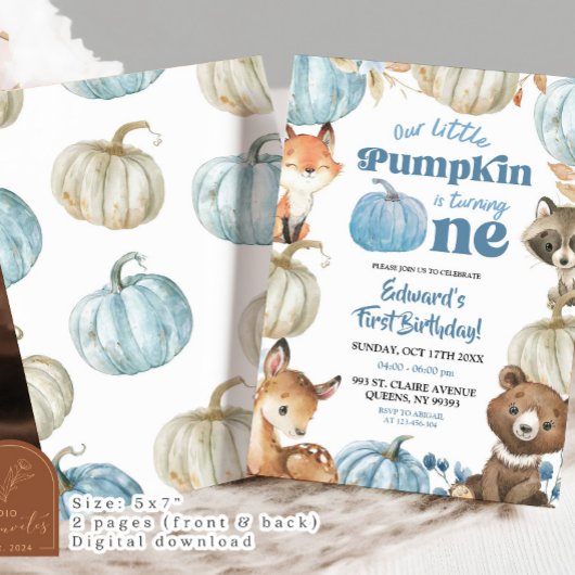 Woodland Blue Boho Pumpkin Boy 1e verjaardag Kaart