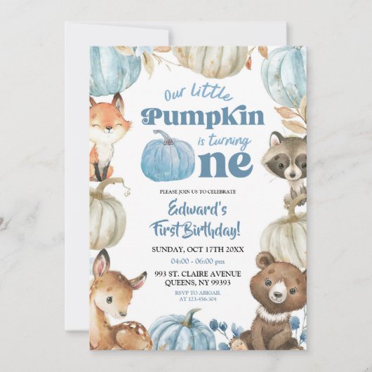 Woodland Blue Boho Pumpkin Boy 1e verjaardag Kaart (Voorkant)