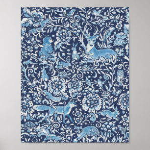 Woodland Blue White Animal Forest Fox Rabbit Bird Poster