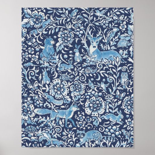 Woodland Blue White Animal Forest Fox Rabbit Bird Poster (Voorkant)