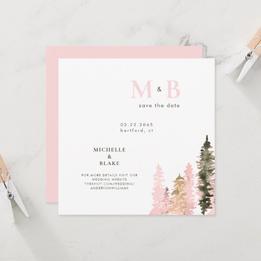 Woodland Blush Monogram Save the Date Square (Voorkant / Achterkant in situ)