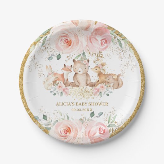 Woodland Blush Pink Floral Baby shower Birthday Papieren Bordje (Voorkant)