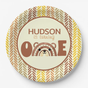 Woodland Boho Rainbow Beer Eerste verjaardag Papieren Bordje