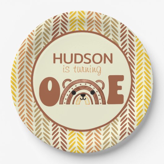 Woodland Boho Rainbow Beer Eerste verjaardag Papieren Bordje (Voorkant)