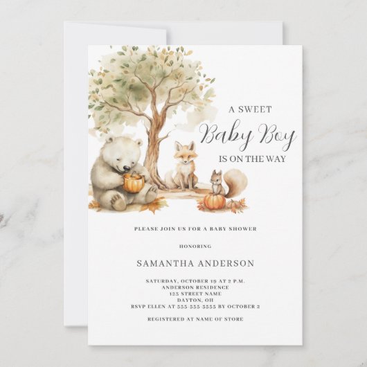 Woodland bosdier jongen babyshower uitnodiging (Voorkant)