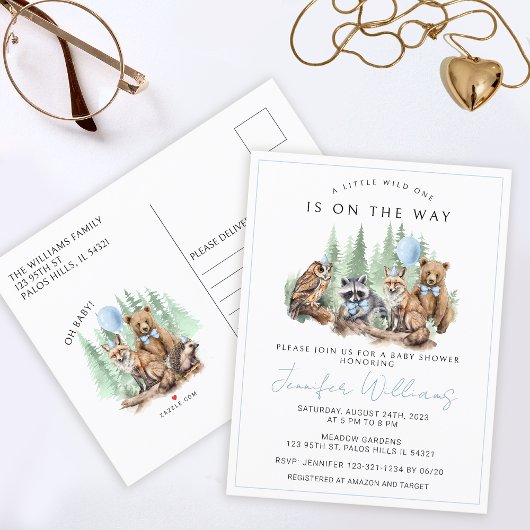 Woodland bosdieren baby boy douche briefkaart