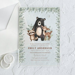 Woodland bosdieren geslacht neutrale baby shower acryl uitnodigingen