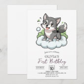 Woodland Bossen Digitale Wolf 1e Verjaardag Kaart (Voorkant / Achterkant)