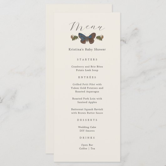 Woodland Botanical Genderneutraal Baby shower Menu (Voorkant / Achterkant)