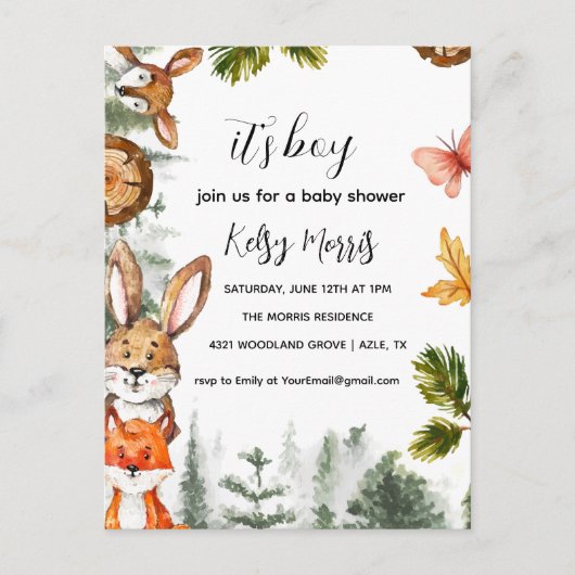 Woodland Boy Baby shower Invitation, Bos Dier Briefkaart (Voorkant)