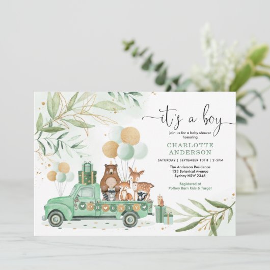 Woodland Boy Baby shower Waterverf Greenery Gold Kaart (Staand voorkant)