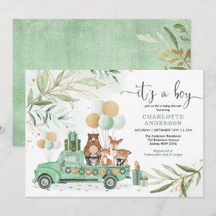 Woodland Boy Baby shower Waterverf Greenery Gold Kaart