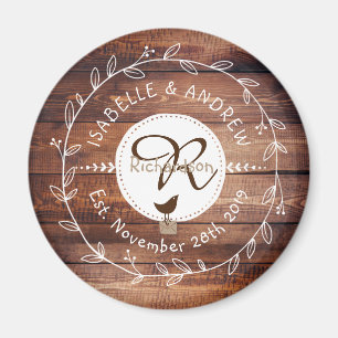 Woodland bruiloft monogram houten blad krans vogel magneet