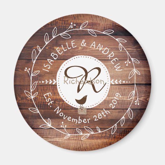 Woodland bruiloft monogram houten blad krans vogel magneet (Voorkant)