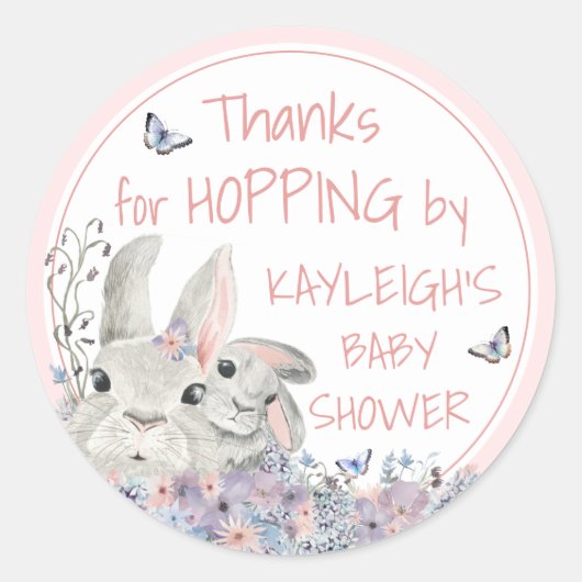 Woodland Bunnies Bloemenroze Baby shower Dank u Ronde Sticker (Voorkant)