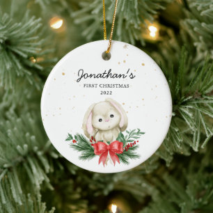Woodland Bunny Baby's Eerste Kerstmis Keramisch Ornament