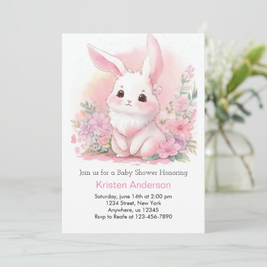 Woodland Bunny Pink Floral Meisje Baby shower Kaart (Staand voorkant)