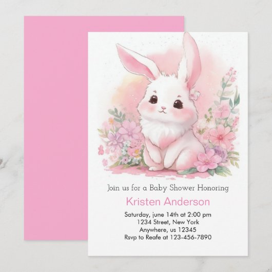 Woodland Bunny Pink Floral Meisje Baby shower Kaart (Voorkant / Achterkant)