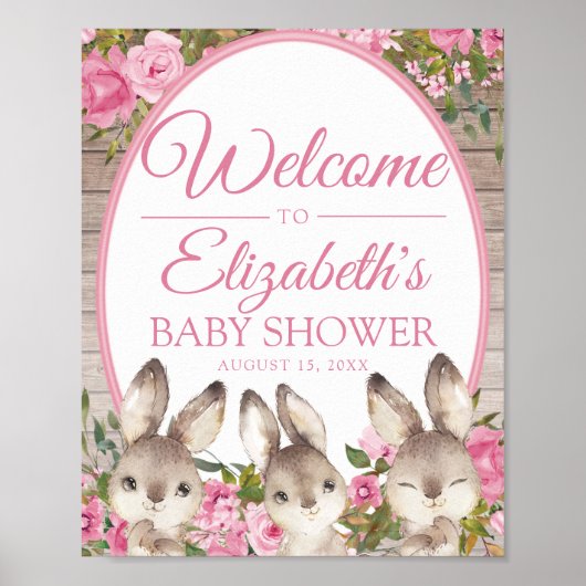 Woodland Bunny Pink Girl's Baby shower Welcome Poster (Voorkant)