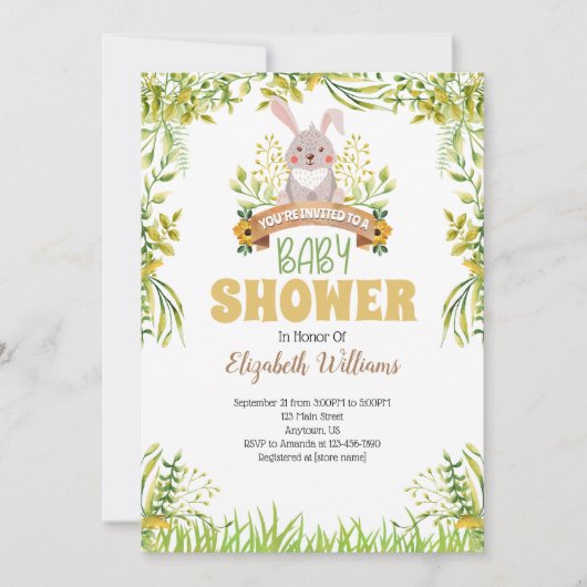 Woodland Bunny Rabbit Baby shower Invitation Kaart (Voorkant)