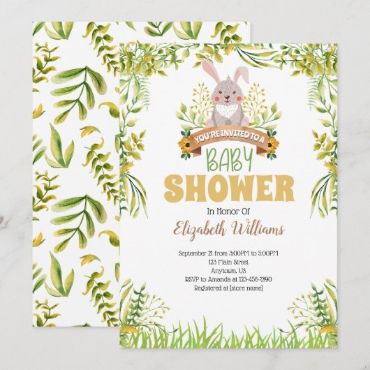 Woodland Bunny Rabbit Baby shower Invitation Kaart (Voorkant / Achterkant)