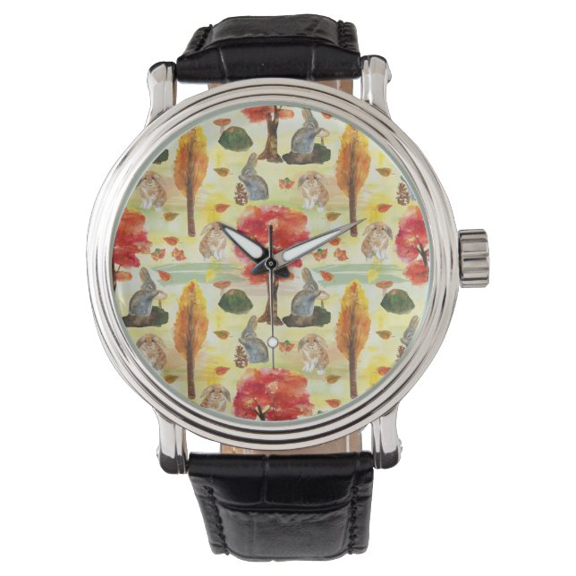 Woodland Bunny Rabbit Waterverf Horloge (Voorkant)