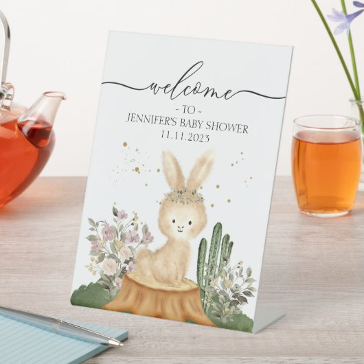 Woodland Bunny Rabbit Welcome Baby Shower Reclamebord Met Voetstuk (Insitu)