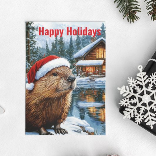 Woodland Cabin Lake Christmas Beaver Waterverf Briefkaart