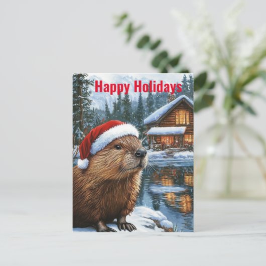 Woodland Cabin Lake Christmas Beaver Waterverf Briefkaart (Staand voorkant)