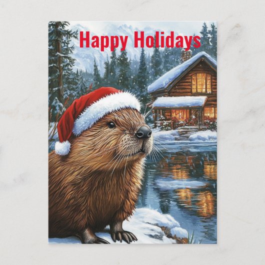 Woodland Cabin Lake Christmas Beaver Waterverf Briefkaart (Voorkant)