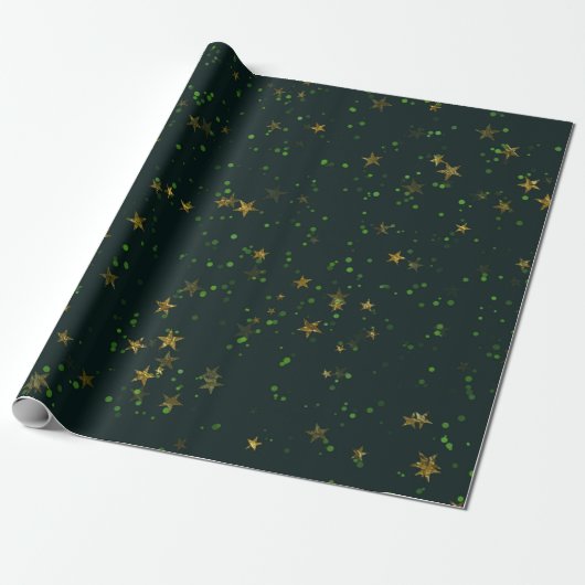 Woodland Cali Deep Green Stars Forest Gold Cadeaupapier (Uitgerold)