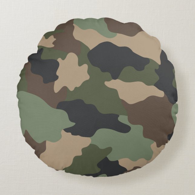 Woodland Camouflage Camo Khaki Groen Tan Zwart Rond Kussen (Voorkant)